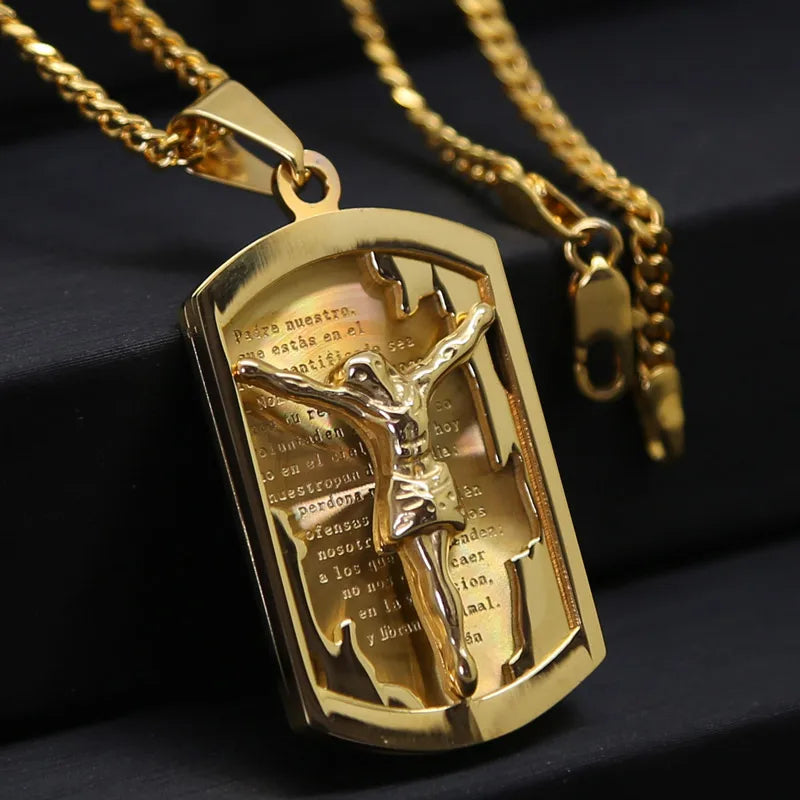 New Gold Color Crucifix Image Men\\'s Pendant Christ Miami Cuban Religious Necklace for Daily Wear Fashion Jewelry