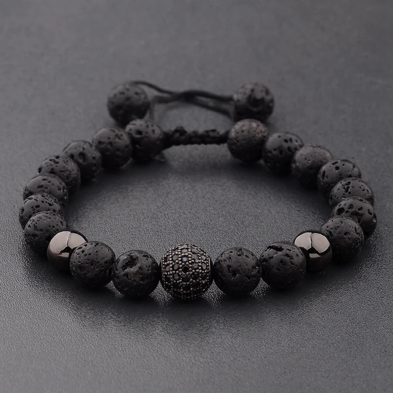Black CZ Pave Ball Beaded Bracelet for Men — Adjustable Weave