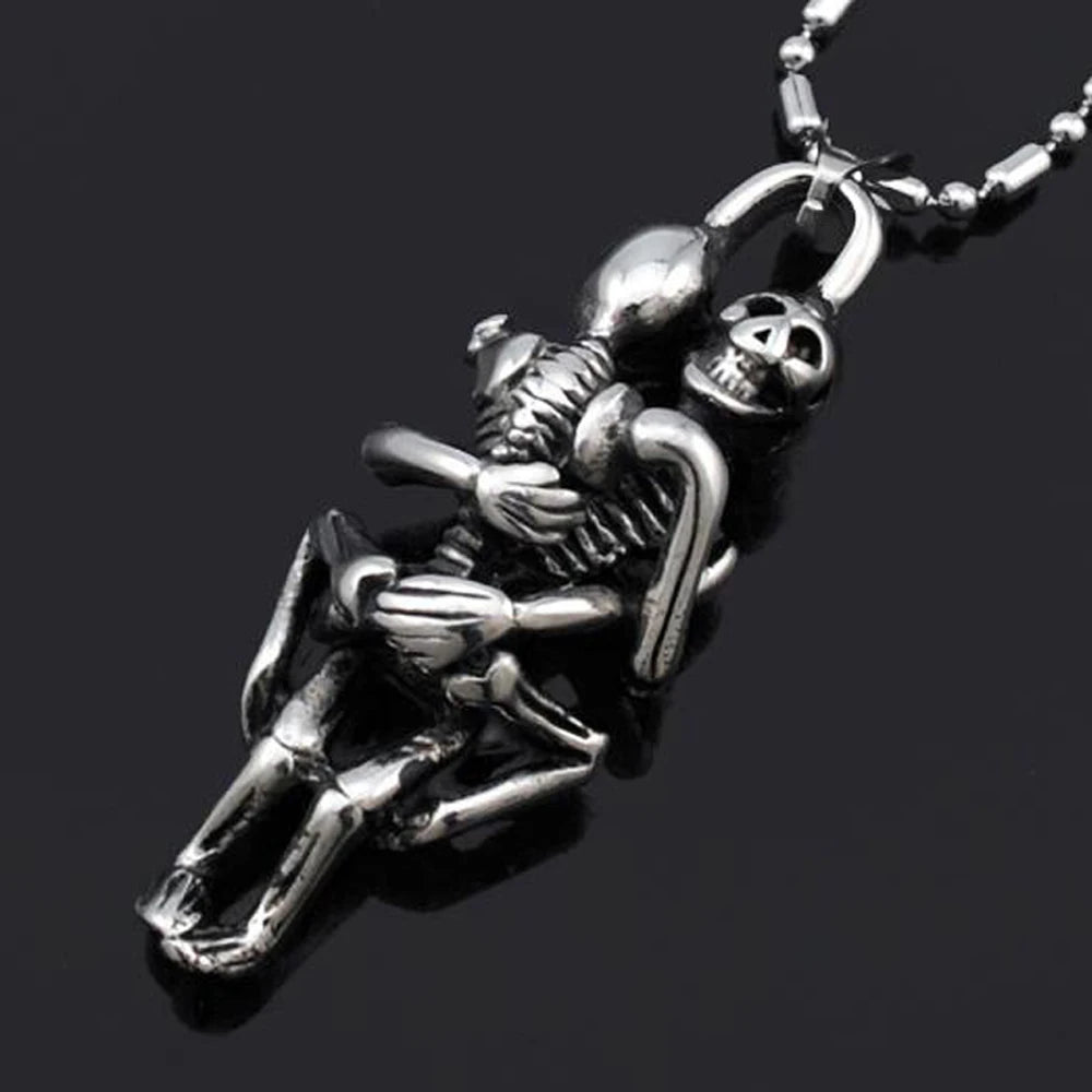 Double Skull Cross Pendant Necklace Black — Stainless Steel