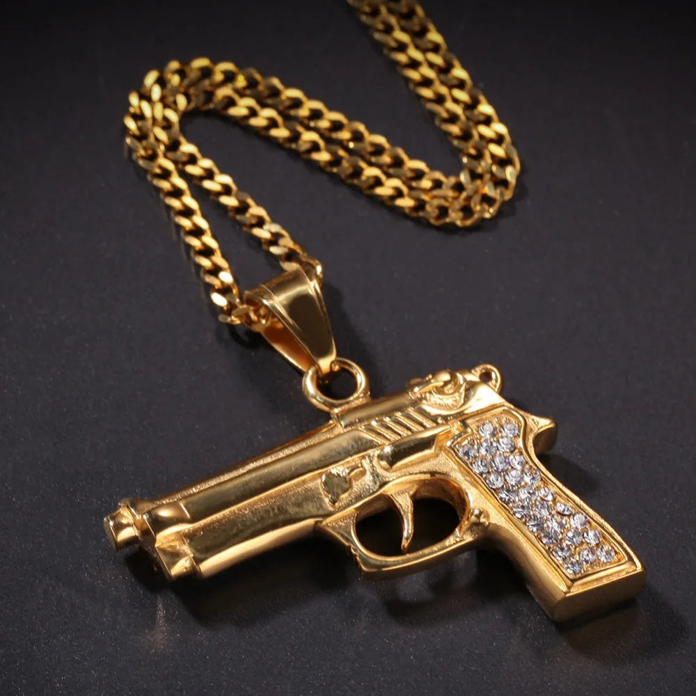 Iced Out Desert Eagle Pistol Pendant Necklace — Stainless Steel