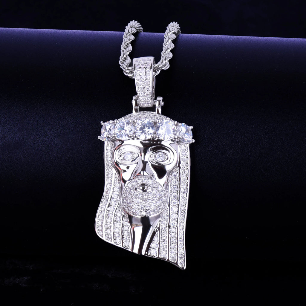 Bubble Letter Iced Religious Jesus Head Pendant Necklace Gold Color Bling Cubic Zircon Men's Hip Hop Jewelry For Gift