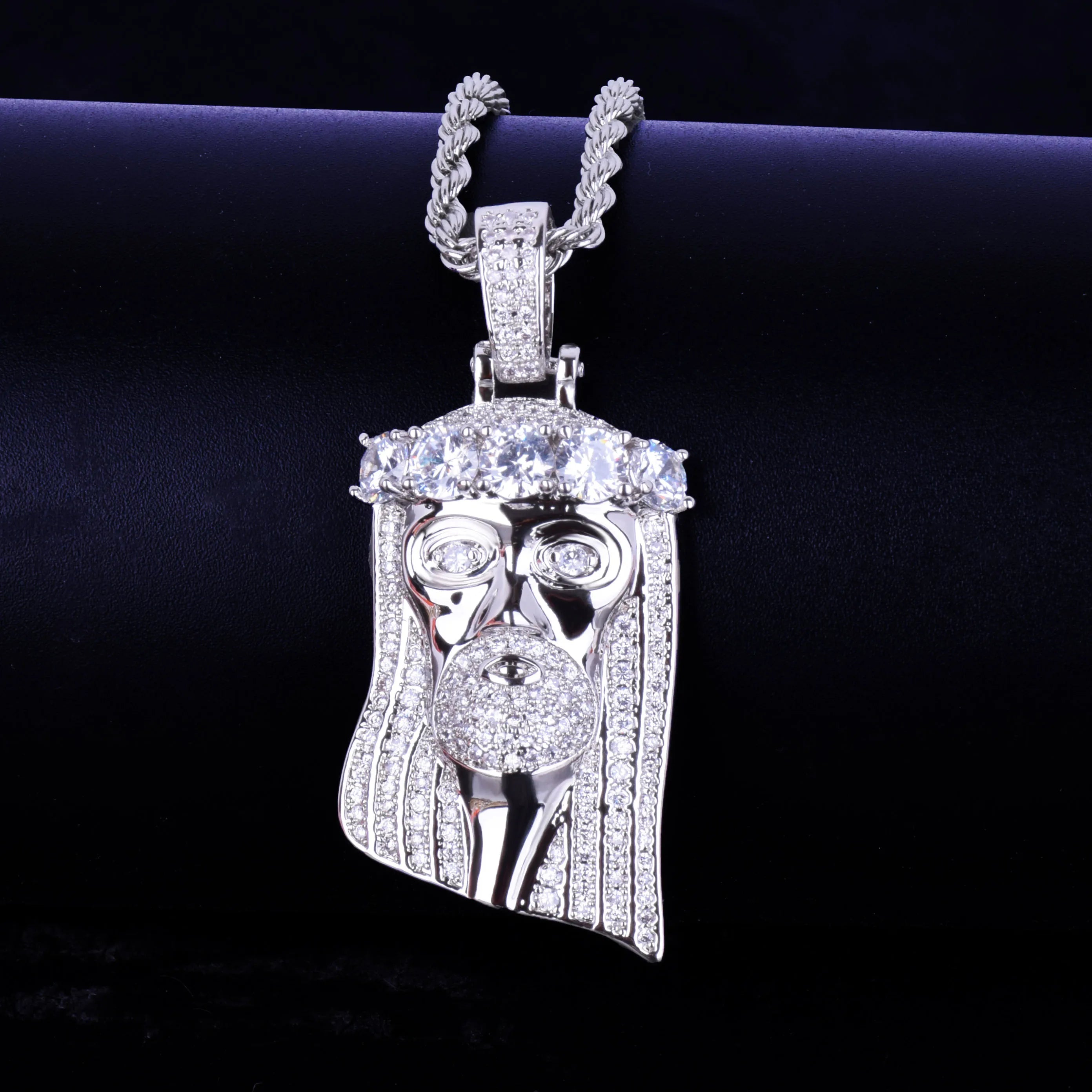 Bubble Letter Iced Religious Jesus Head Pendant Necklace Gold Color Bling Cubic Zircon Men's Hip Hop Jewelry For Gift