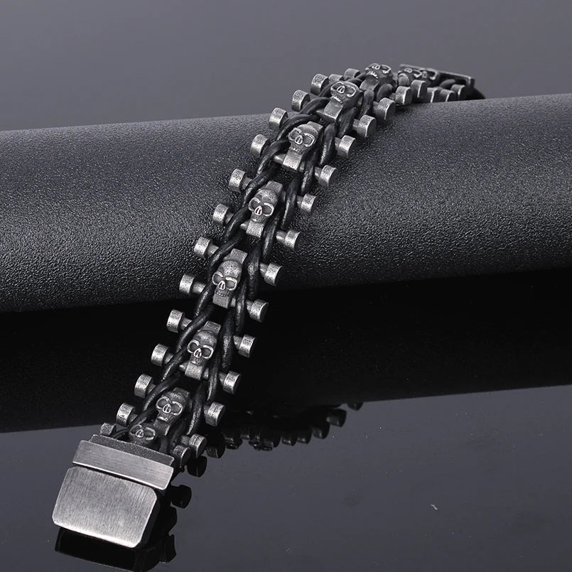 Steampunk Stainless Steel Skull Man Bracelet Hand Bands For Men Punk Rock Men's Leather Bracelets Gothic Mannen Armband