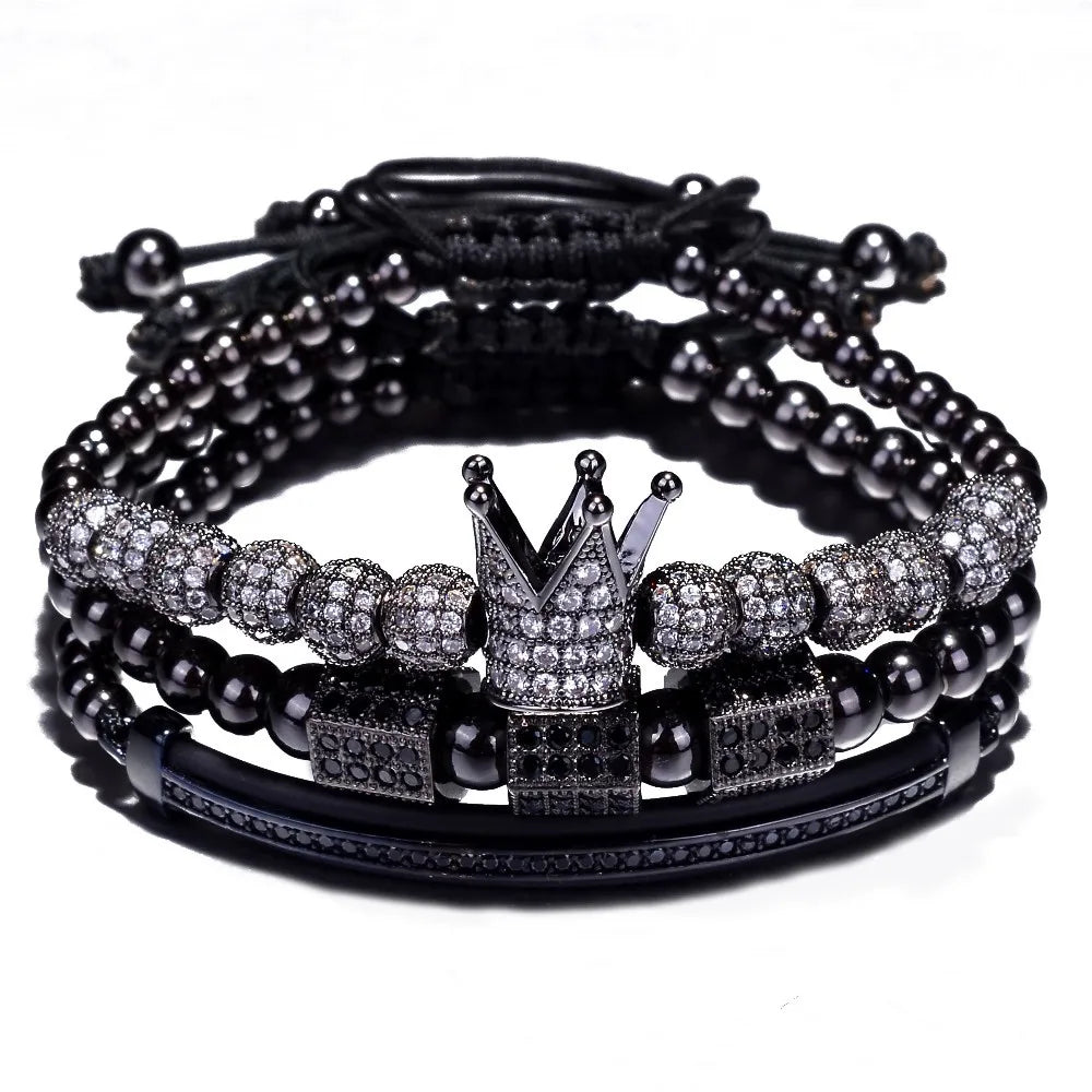 3pcs/Set Luxury Gold Color Beads Royal King Crown Dice Charm CZ Ball Bracelet Mens Fashion Bracelets & Bangles Multi