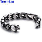 Punk Rock Skull Wolf Dragon Head Shaped Open Bangle For Men Stainless Steel & Genuine Leather Cuff Bracelets Bikers'