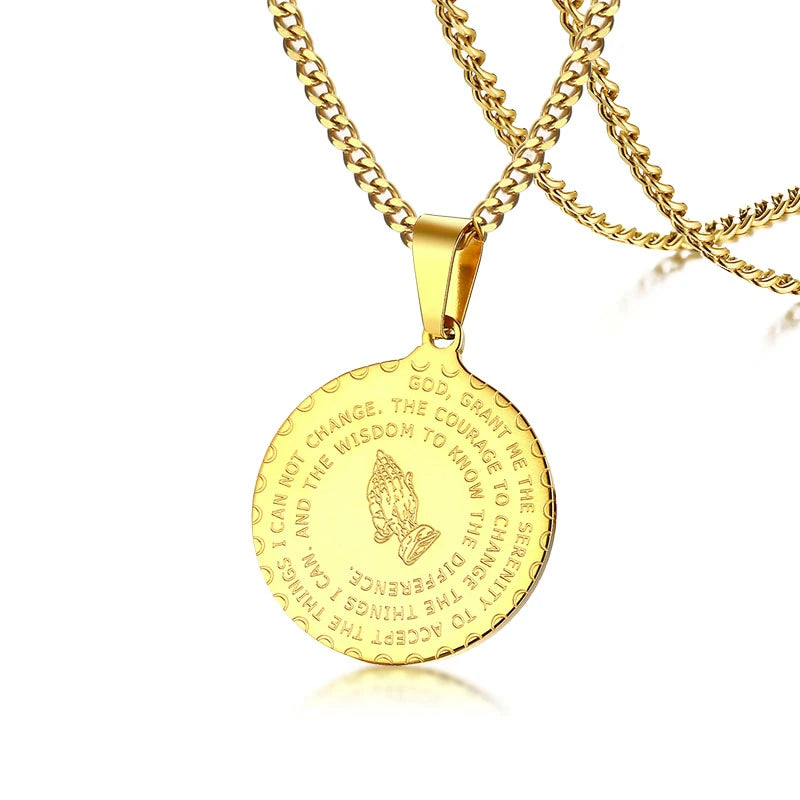 Men Stainless Steel Disc Pendant Praying Hands Bible Verse Prayer Medal Necklace Jewelry