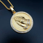 Micro Paved AAA CZ Stone Bling Praying Hand Round Pendant Necklace Gold Color 316L Stainless Steel Men Hip Hop Rock Jewelry