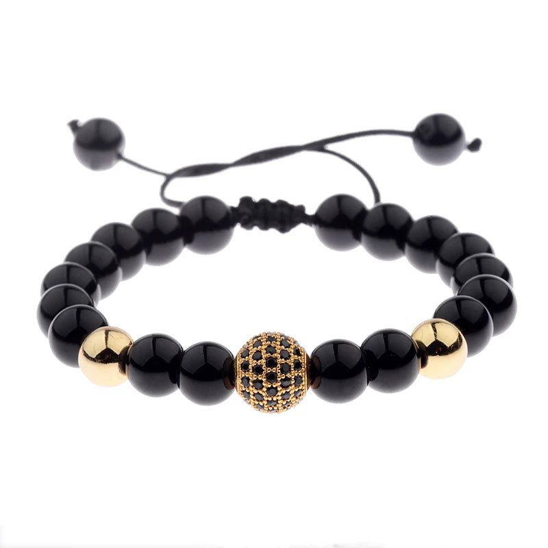Black CZ Pave Ball Beaded Bracelet for Men — Adjustable Weave