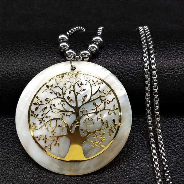 Tree of Life Gold Bead Necklace — Stainless Steel