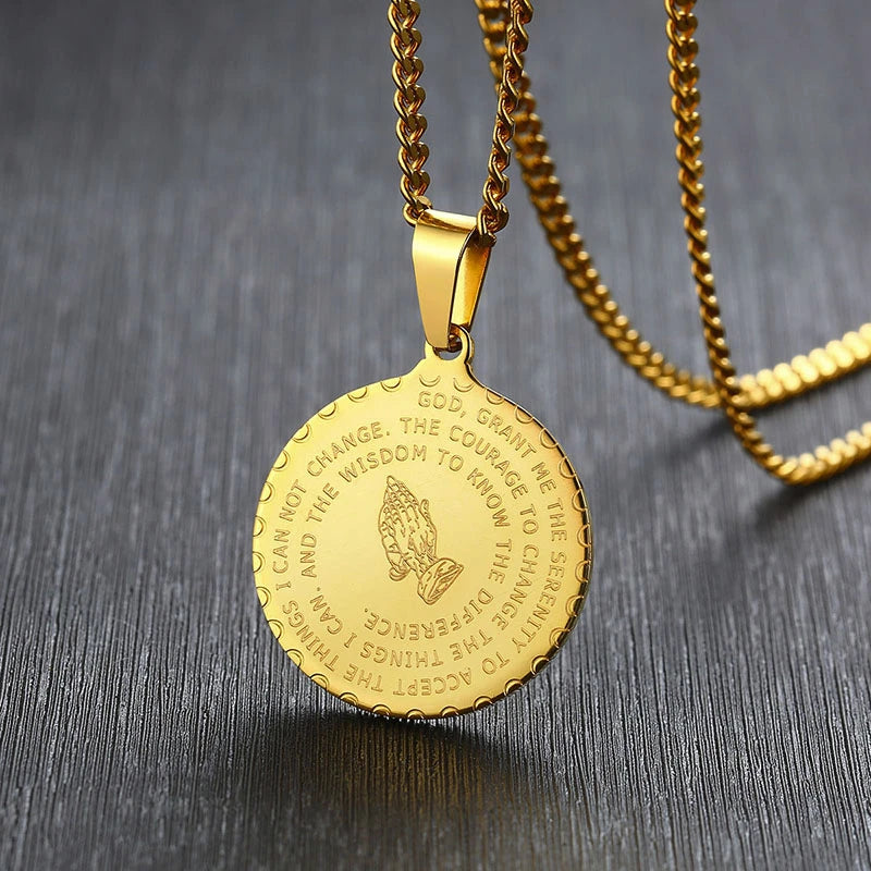 Men Stainless Steel Disc Pendant Praying Hands Bible Verse Prayer Medal Necklace Jewelry