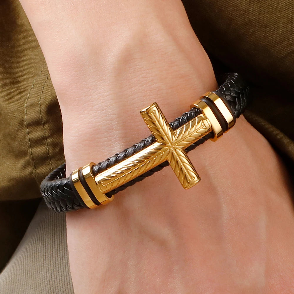 Braided Leather Wrap Bracelet For Man Gold Color Stainless Steel Christian Cross Bracelets & Bangles Men's Religious