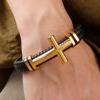 Braided Leather Wrap Bracelet For Man Gold Color Stainless Steel Christian Cross Bracelets & Bangles Men's Religious