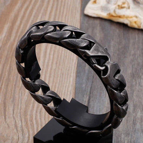 Vintage Black Stainless Steel Bracelet for Man Men's 15MM Wide Curb Link Chain Bracelets Bangles Armband Jewelry