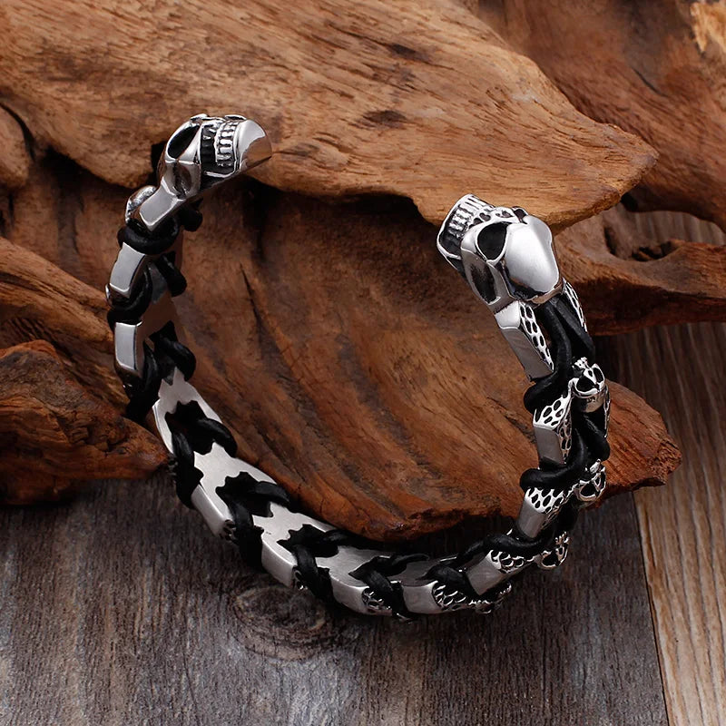 Punk Rock Skull Wolf Dragon Head Shaped Open Bangle For Men Stainless Steel & Genuine Leather Cuff Bracelets Bikers'