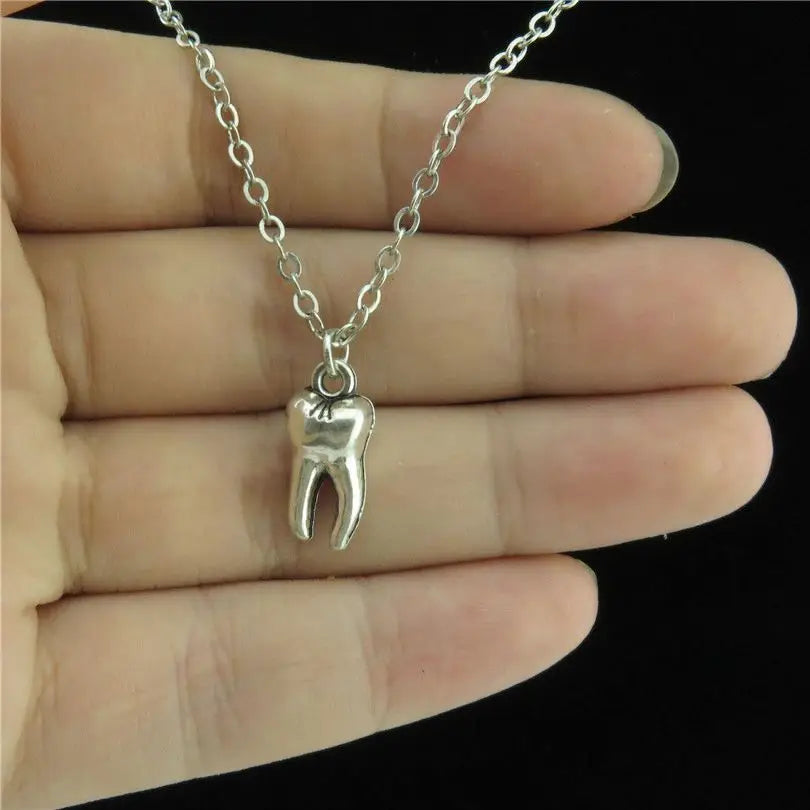Dentist Molar Tooth Pendant Long Chain Necklace — Zinc Alloy
