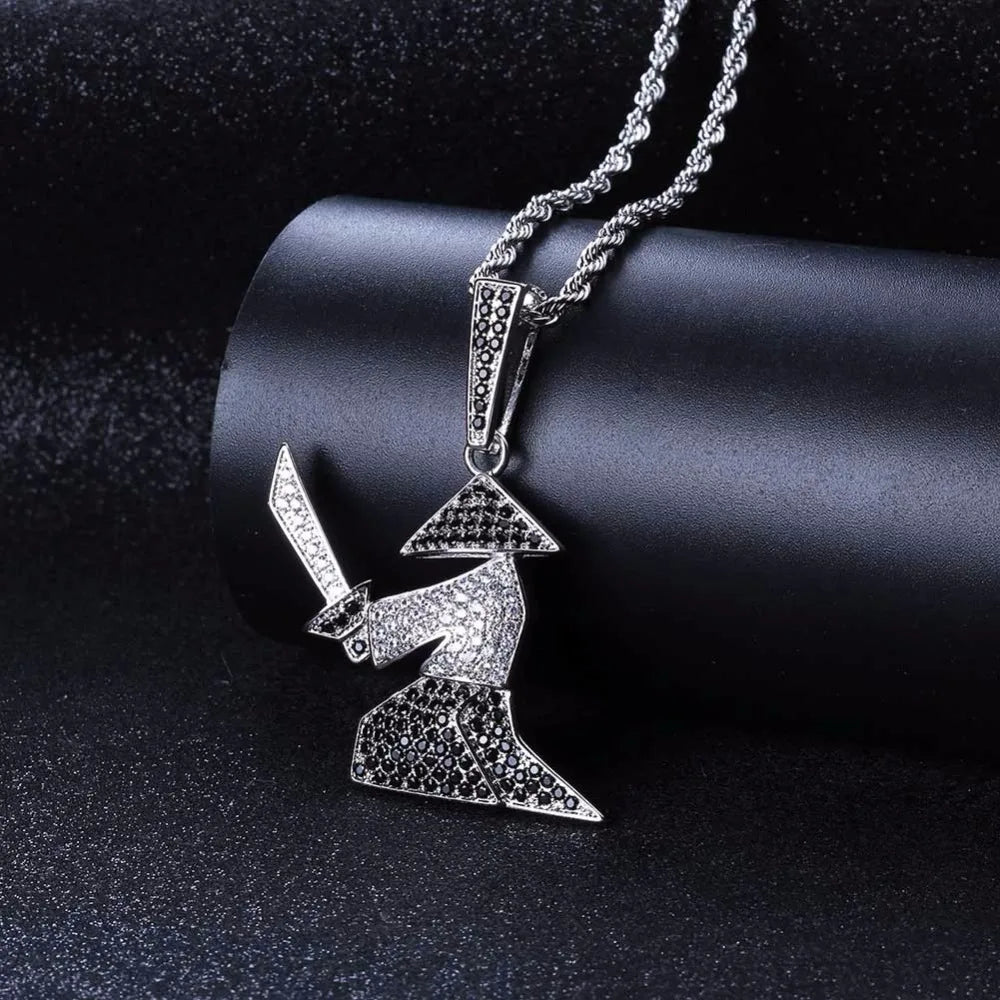Micro Paved CZ Rhinestone Bling Ice Out Hats Samurai Oriental Warrior Pendants Necklaces for Men Hip Hop Rapper Jewelry