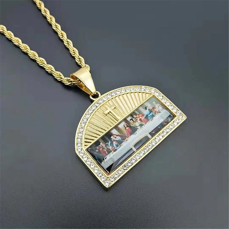Religious The Last Supper Pendant Necklace For Men Stainless Steel Gold Color Iced Out Bling Cross Necklace Male Jewelry