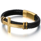 Braided Leather Wrap Bracelet For Man Gold Color Stainless Steel Christian Cross Bracelets & Bangles Men's Religious