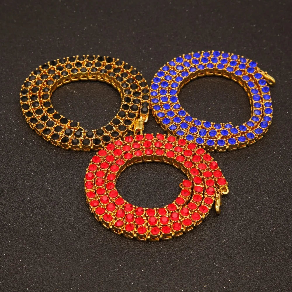 THE BLING KING  1 Row Tennis Chains Necklace For Men Iced Blue/Red/Black Colored Rhinestones Link Choker Hiphop Jewelry