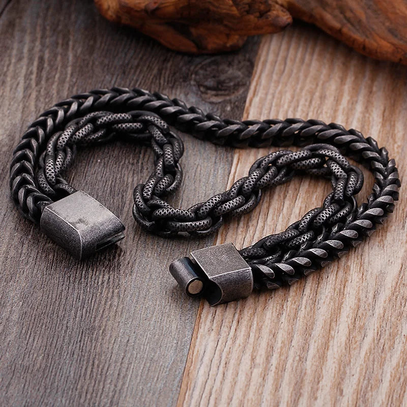 Double Chain Link Stainless Steel Men's Bracelets For Man Vintage Male Bangles Jewelry With Magnet Clasp 10 Inches