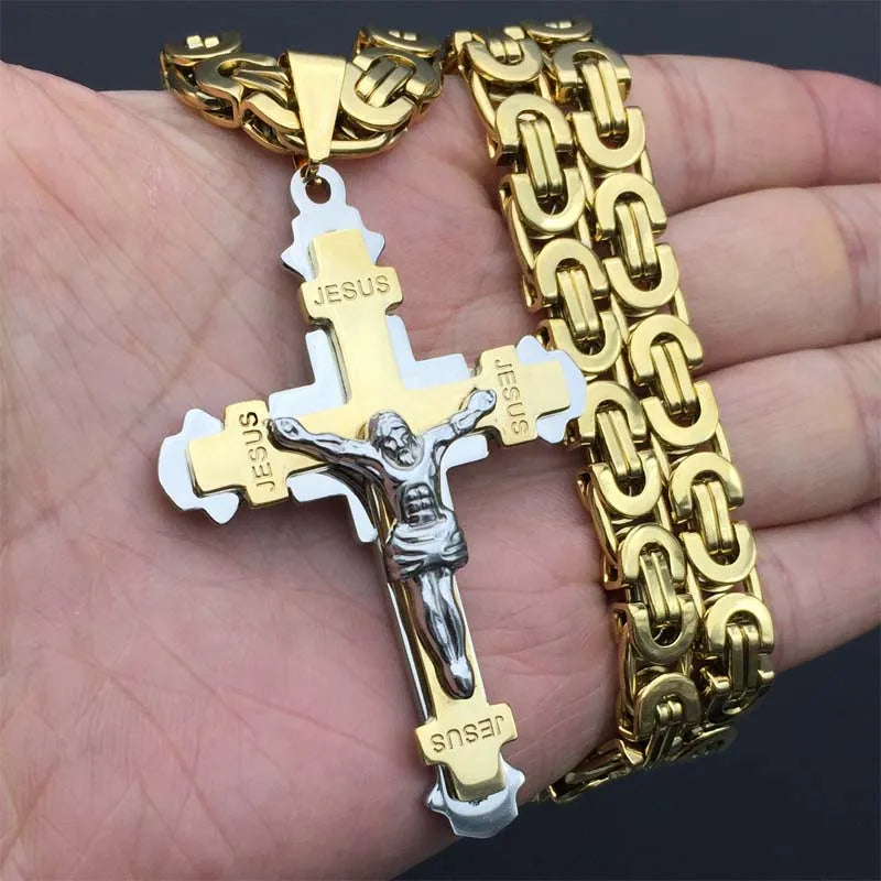Crucifix Jesus Cross Necklace Byzantine Chain — Stainless Steel