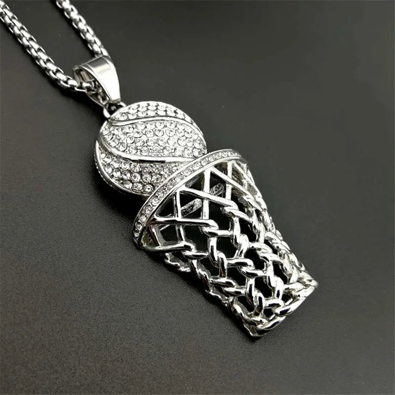 Hip Hop Stainless Steel Iced Out Pave Cubic Zirconia Basketball Basket Pendant With Chains Gold Color Hip Hop Necklace