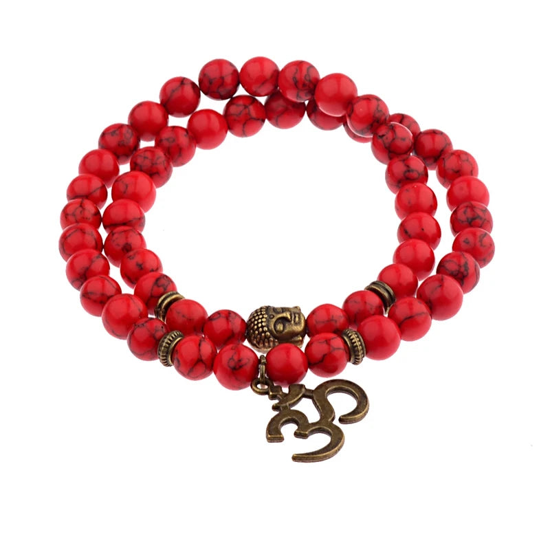Buddha Head Beaded Bracelet — Black Stone Beads, Bronze-Tone