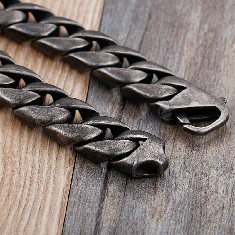 Vintage Black Stainless Steel Bracelet for Man Men's 15MM Wide Curb Link Chain Bracelets Bangles Armband Jewelry