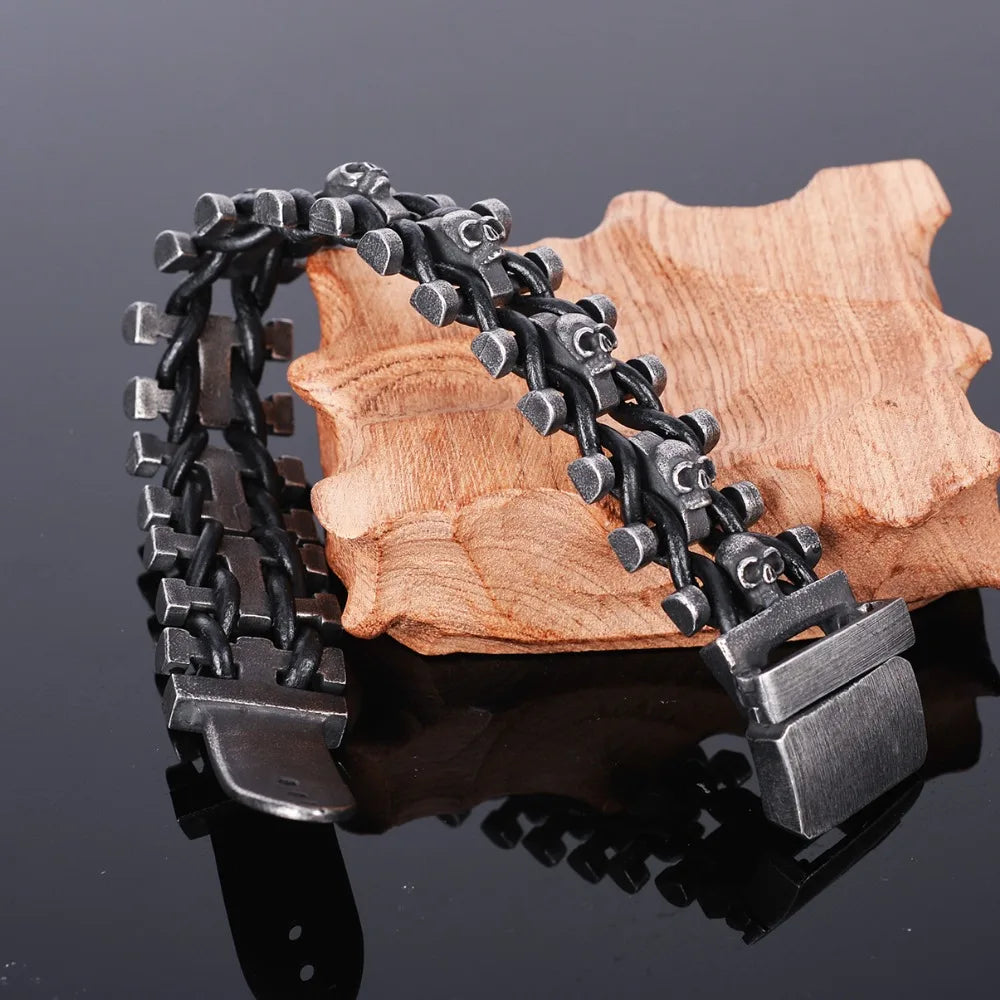 Steampunk Stainless Steel Skull Man Bracelet Hand Bands For Men Punk Rock Men's Leather Bracelets Gothic Mannen Armband