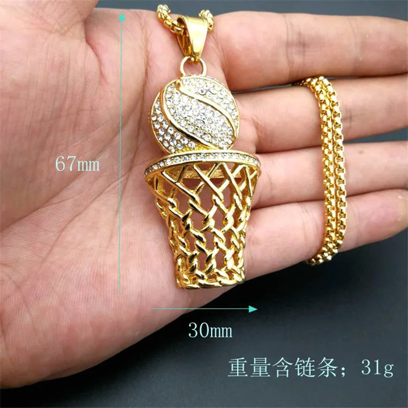 Hip Hop Stainless Steel Iced Out Pave Cubic Zirconia Basketball Basket Pendant With Chains Gold Color Hip Hop Necklace