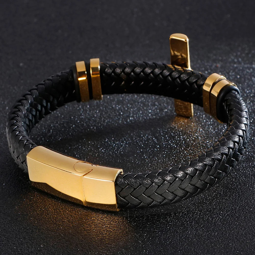 Braided Leather Wrap Bracelet For Man Gold Color Stainless Steel Christian Cross Bracelets & Bangles Men's Religious