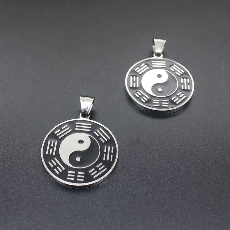 316L stainless steel Silver color Enamel Black White Circle Bagua Tai Chi Ying Yang Pendant Collar Lucky Necklace Jewelry