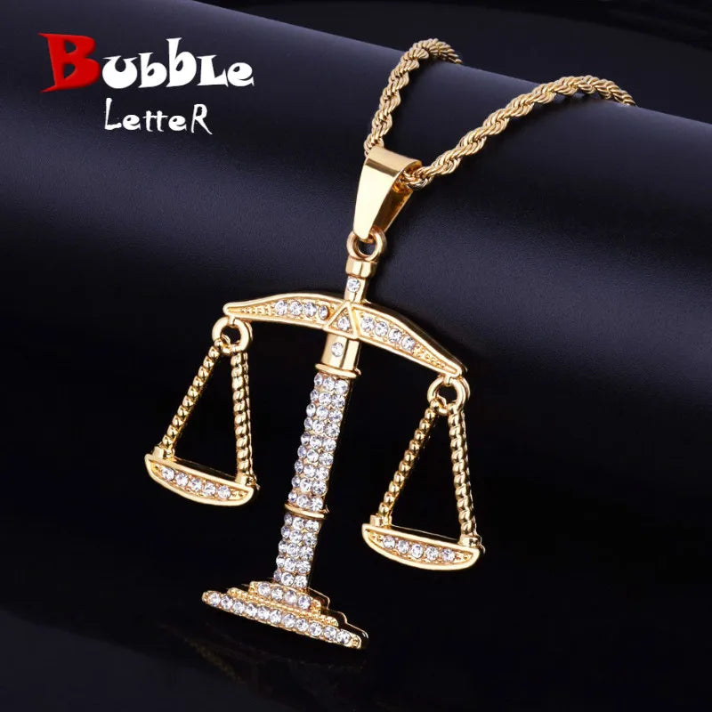 Balance Libra Scale Pendant Bling Rhinestone Crystal Men Hip Hop Necklace Punk Jewelry Street Rock