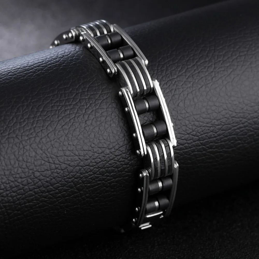 Cool 13MM Width Black Silicone Chain Man Bracelet Homme High Quality Stainless Steel Male On Hand Wrist Jewelry Items