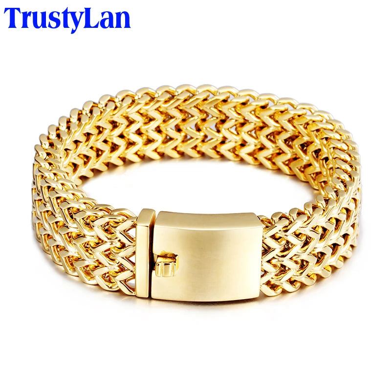 Gold Color Stainless Steel Bracelet Men 18MM Double Row Franco Curb Chain Men's Bracelets & Bangles Mannen Armband