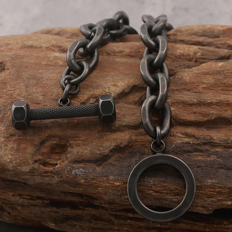 Vintage Men's Black Stainless Steel Link Chain Bracelets For Man 7.5" Barbell Shape Friendship Boys Bracelets & Bangles