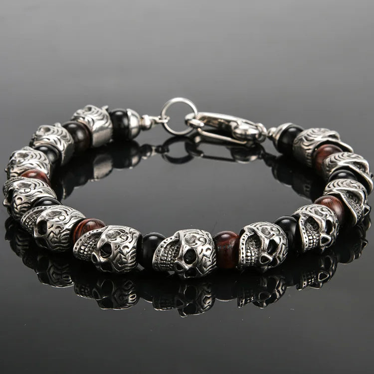 Gothic Stainless Steel Ghost Skull Heads Beads Bracelet for Men 8MM Natural Stone Men‘s Beaded Bracelets Rock Skeleton
