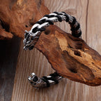 Punk Rock Skull Wolf Dragon Head Shaped Open Bangle For Men Stainless Steel & Genuine Leather Cuff Bracelets Bikers'