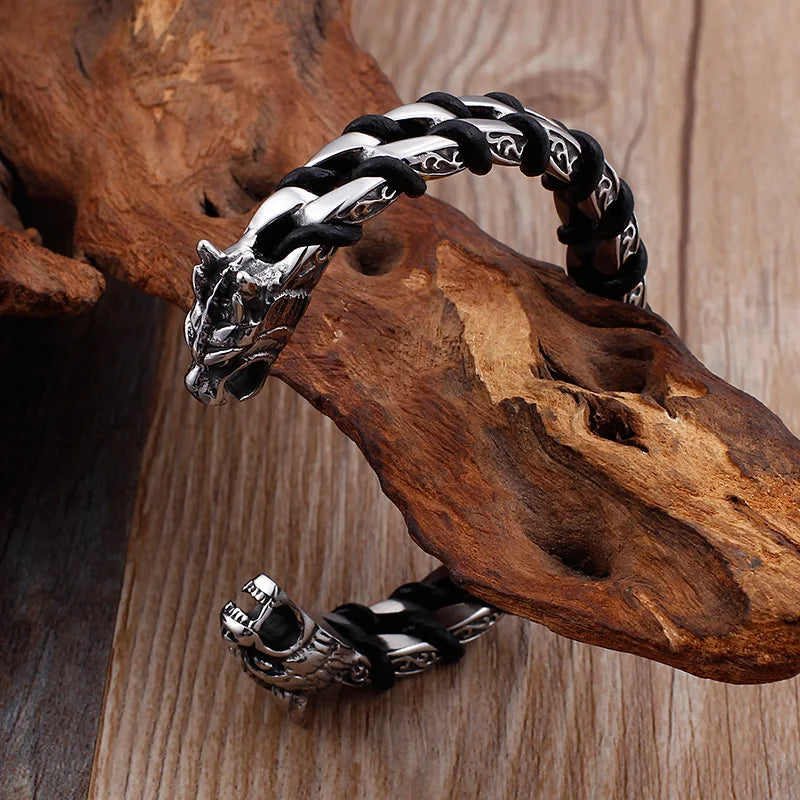 Punk Rock Skull Wolf Dragon Head Shaped Open Bangle For Men Stainless Steel & Genuine Leather Cuff Bracelets Bikers'