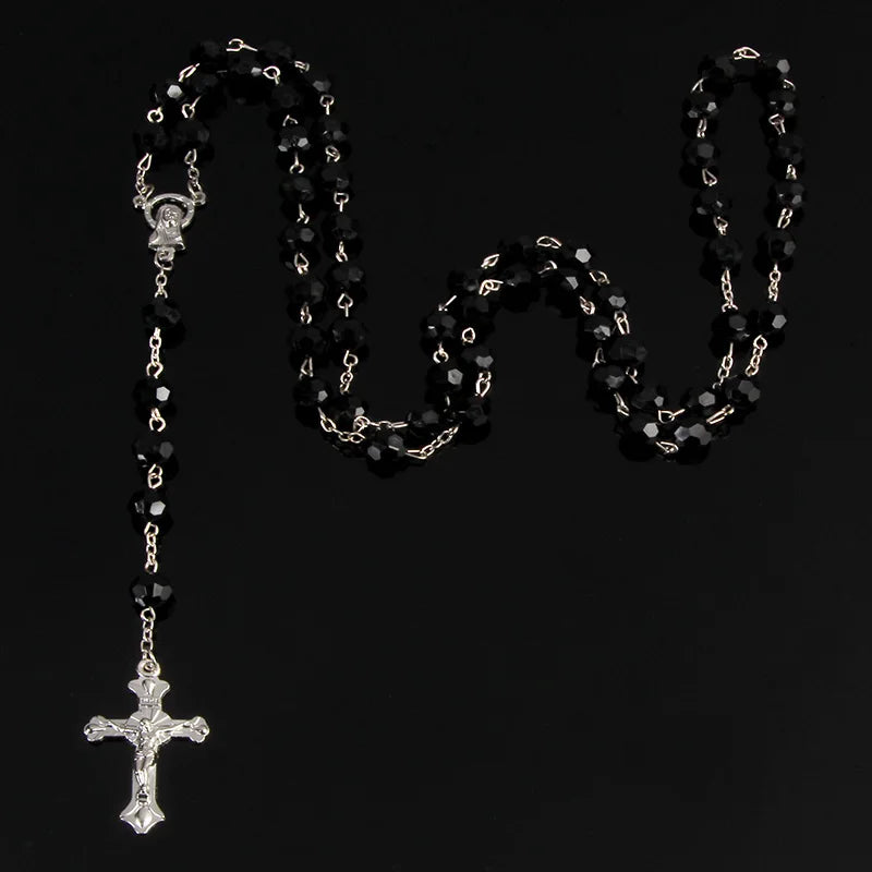 8mm fashion rosary ladies necklace high quality diy Jesus Christian cross necklace and pendant long chain jewelry