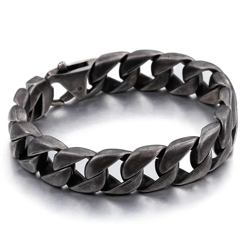 Vintage Black Stainless Steel Bracelet for Man Men's 15MM Wide Curb Link Chain Bracelets Bangles Armband Jewelry