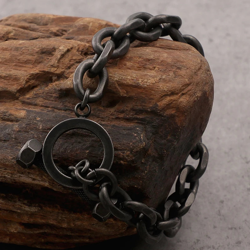 Vintage Men's Black Stainless Steel Link Chain Bracelets For Man 7.5" Barbell Shape Friendship Boys Bracelets & Bangles