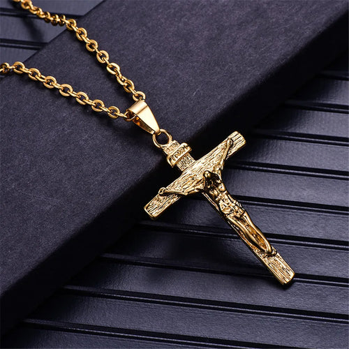 Cross INRI Jesus Gold Pendant Necklace — Steel
