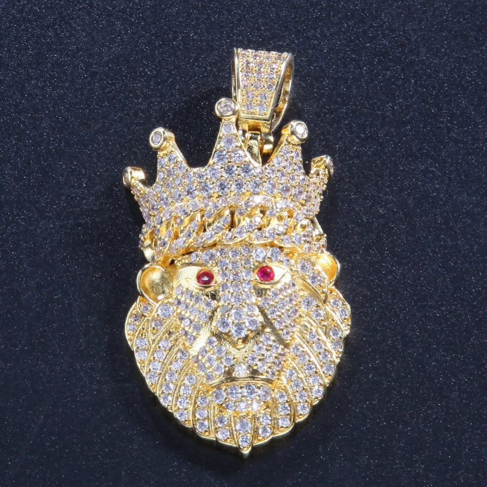 Hip Hop CZ Zircon Paved Bling Iced Out Crown Lion Animal Pendants Necklace for Men Rapper Jewelry Gold Color Drop