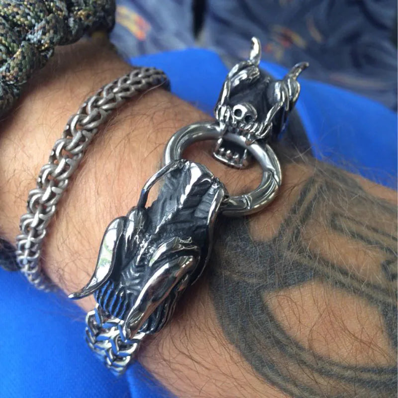Stainless Steel Double Dragon Heads Bracelet for Man Gothic 20MM Chain Jewelry Accessory Bikers' Men’s Bangle On Hand
