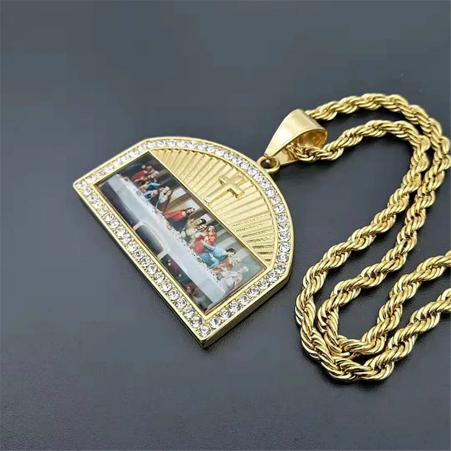 Religious The Last Supper Pendant Necklace For Men Stainless Steel Gold Color Iced Out Bling Cross Necklace Male Jewelry