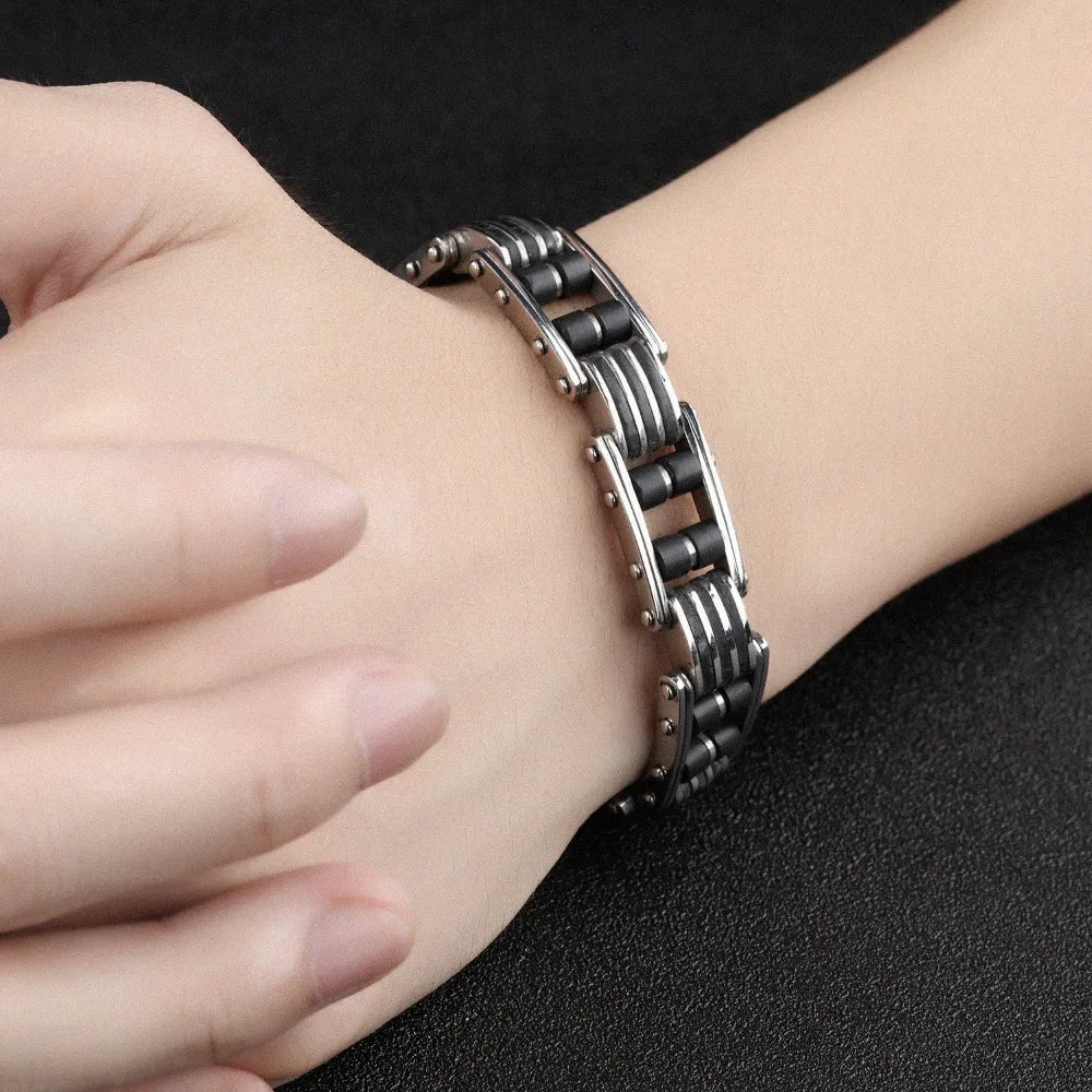 Cool 13MM Width Black Silicone Chain Man Bracelet Homme High Quality Stainless Steel Male On Hand Wrist Jewelry Items