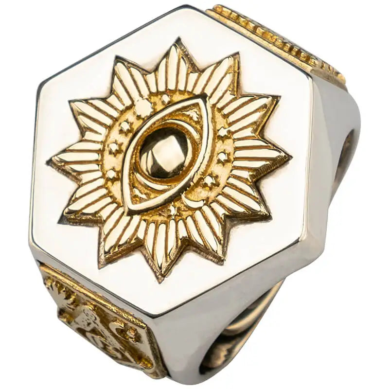 Devil Eyes Hexagon Masonic Ring — Silver-Tone