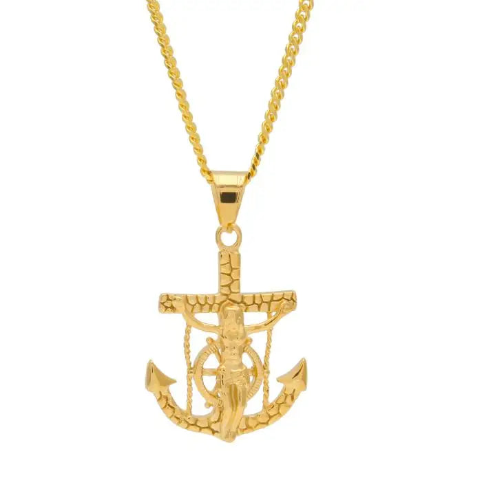 TBTK Punk Crucifix Jesus Cross Navy Rudder Anchor Pendant Necklace Classic Chain Men Stainless Steel Jewelry Wholesale