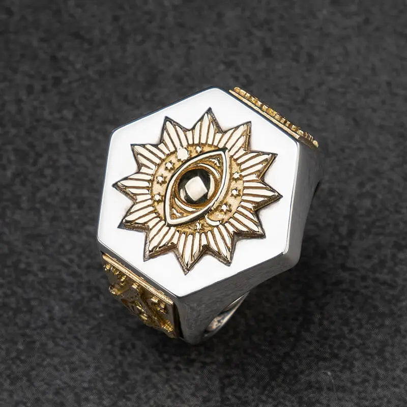 Devil Eyes Hexagon Masonic Ring — Silver-Tone
